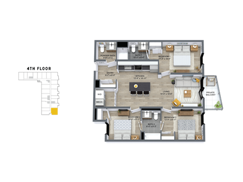 Floor plan for 3 beds, 2.5 baths, 1196 sqft